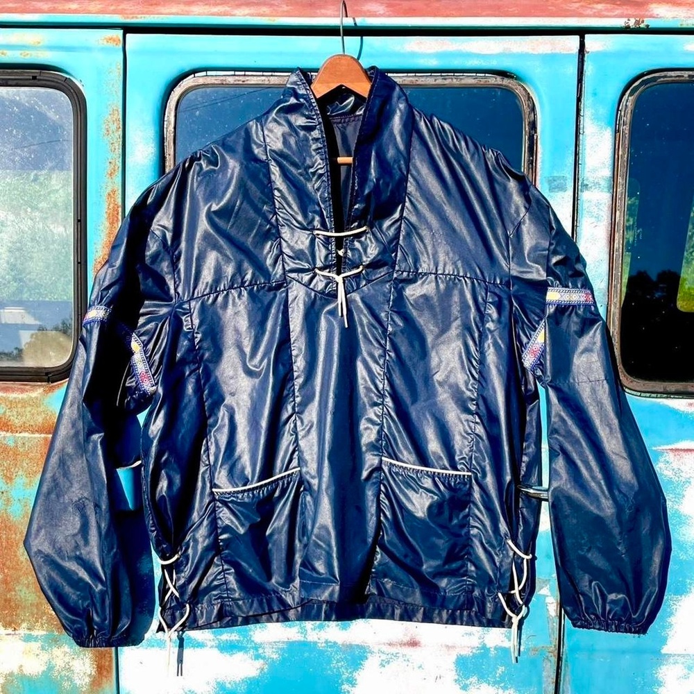 70s Robert Lewis navy windbreaker jacket w/ embroidered velvet eagle